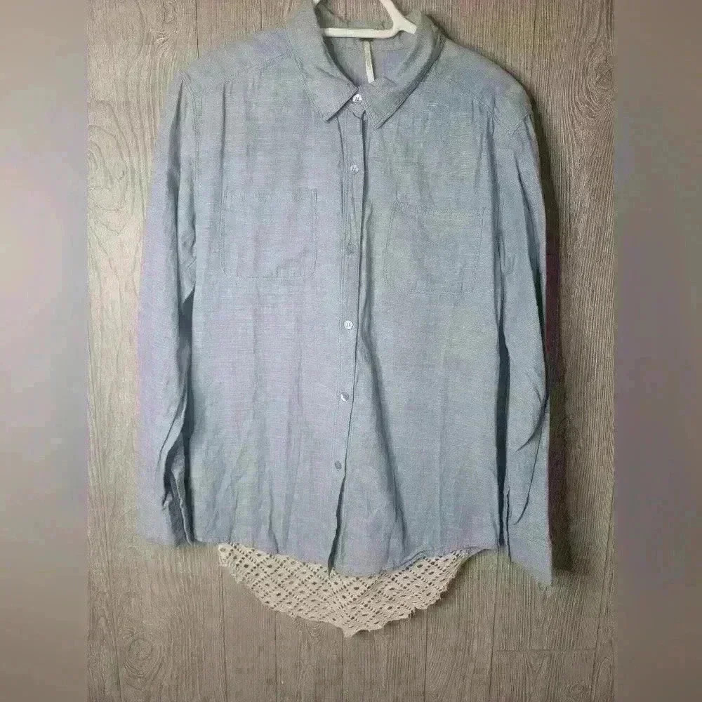 Free People Blue Chambray Button Down Shirt Crochet Lace Back Small